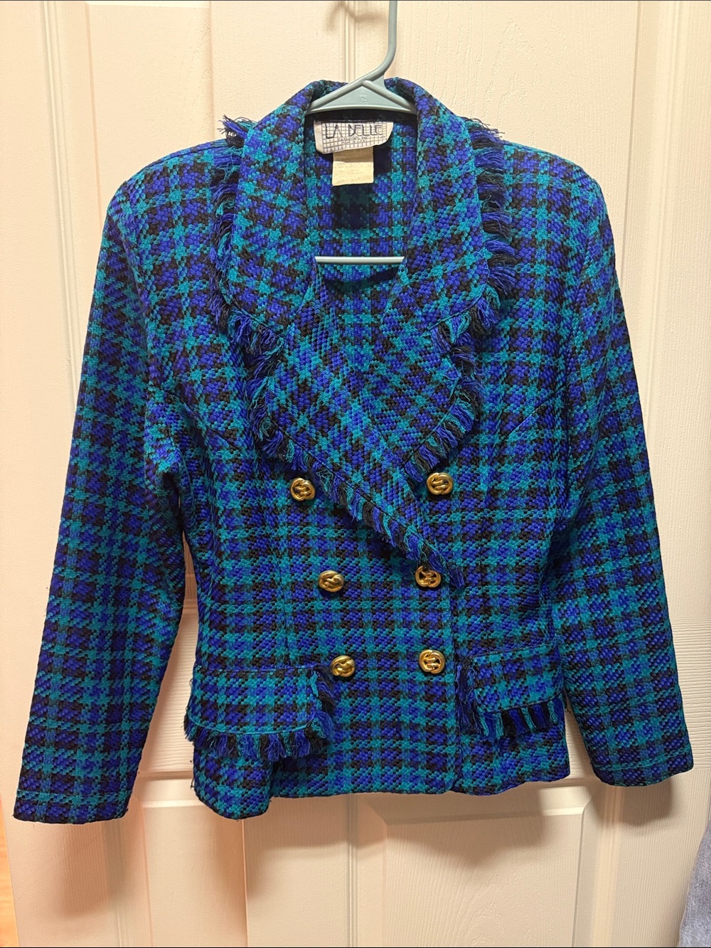 La Belle Blue and Green Plaid Double-Breasted Fringe Blazer